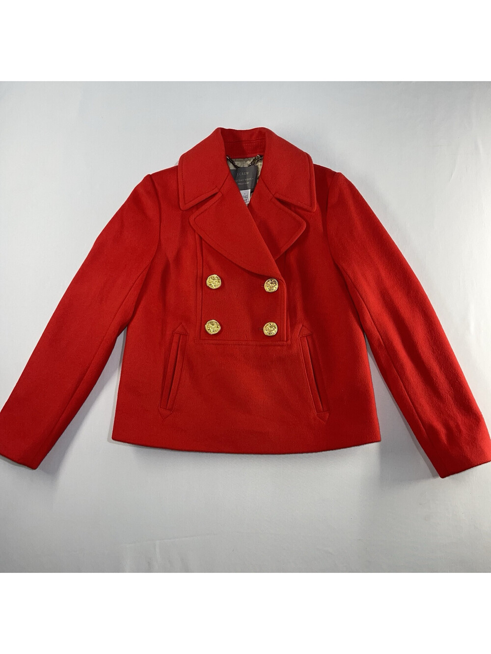 J Crew Pea Coat Womens 2 Red Wool Stadium Cloth Nello Gori Gold Button Classic